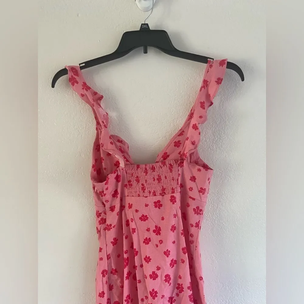 NWT Zara Floral Ruffle Linen V-Neck Mini Dress Pink/ Red Sz S
